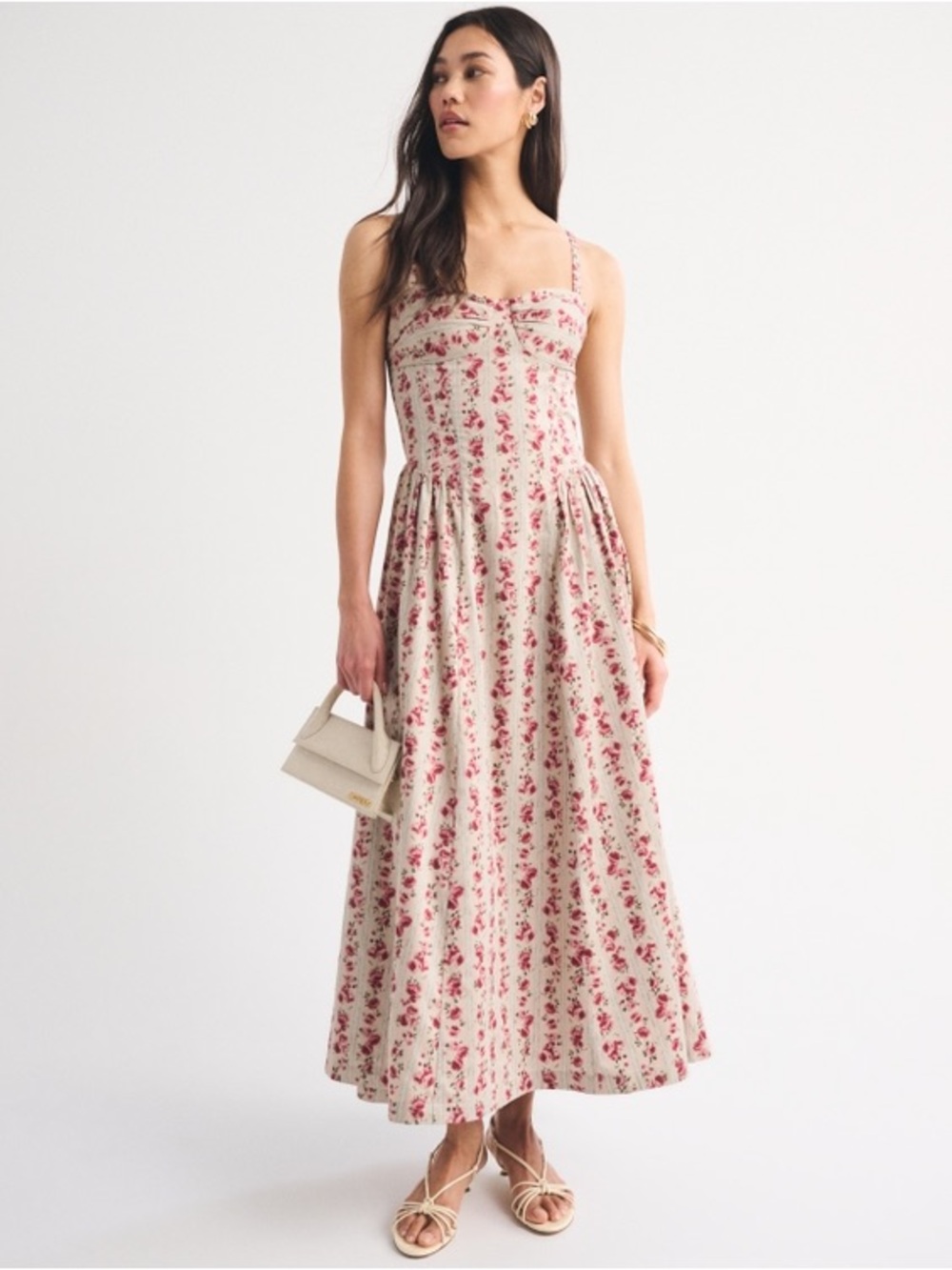 Abercrombie & Fitch Striped Floral Midi Dress in Light Blue and Rose